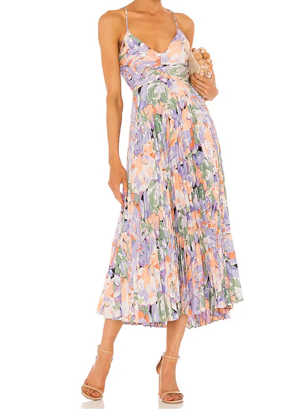 ASTR The Label Blythe Floral Plisse Sleeveless Pleated Midi Dress Coral Multi